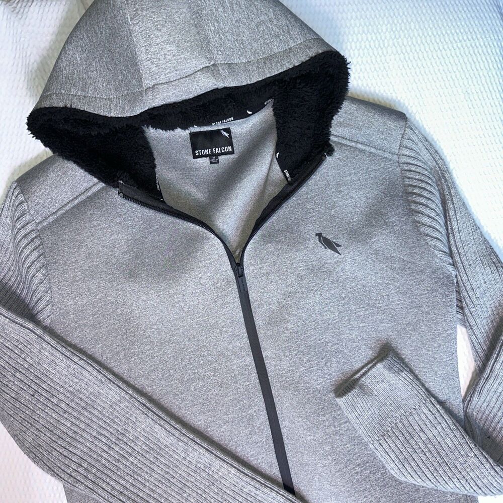 Stone Falcon Sweater Mens Medium Light Gray Full Zip Hooded
